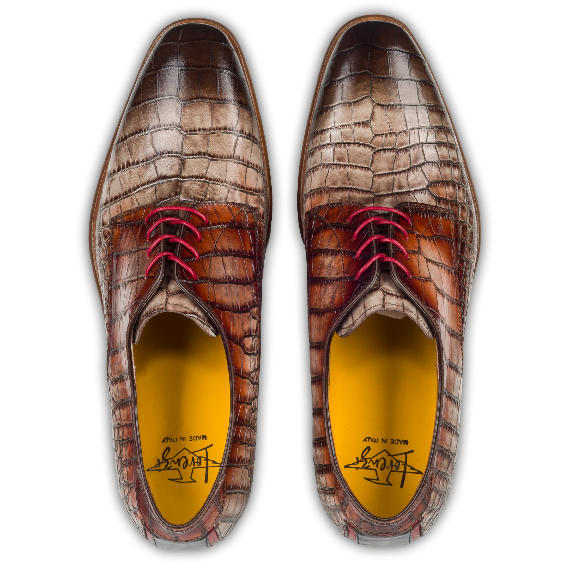 Lorenzi - Extravaganter Herren Derby Schnürschuh aus Kalbsleder in Reptil-Optik braun/rot. Handgefertigt und Durchgenäht. Paarweise eigene Draufsicht aus angezogener Perspektive.