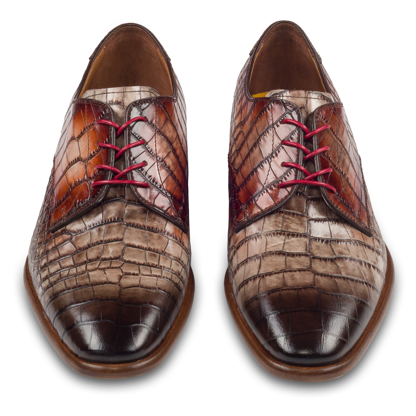 Lorenzi - Extravaganter Herren Derby Schnürschuh aus Kalbsleder in Reptil-Optik braun/rot. Handgefertigt und Durchgenäht. Paarweise Ansicht von vorne.