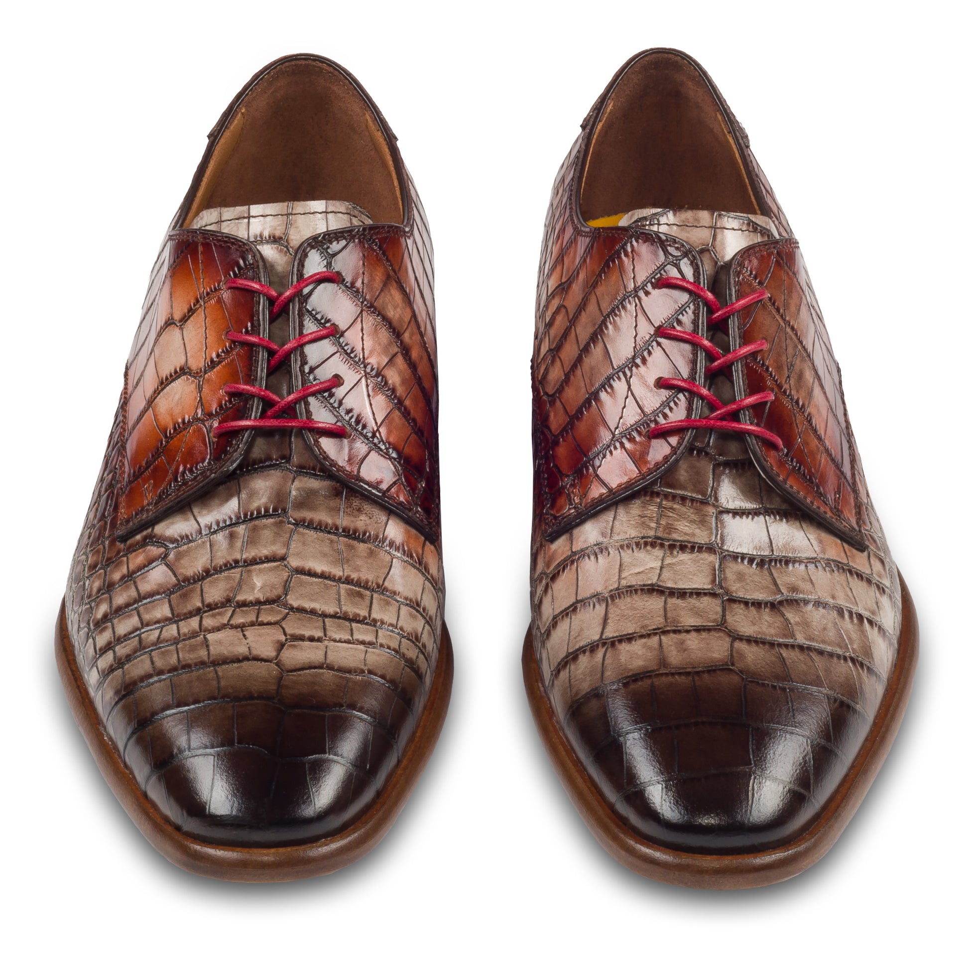 Lorenzi - Extravaganter Herren Derby Schnürschuh aus Kalbsleder in Reptil-Optik braun/rot. Handgefertigt und Durchgenäht. Paarweise Ansicht von vorne.