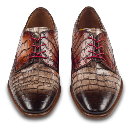 Lorenzi - Extravaganter Herren Derby Schnürschuh aus Kalbsleder in Reptil-Optik braun/rot. Handgefertigt und Durchgenäht. Paarweise Ansicht von vorne.