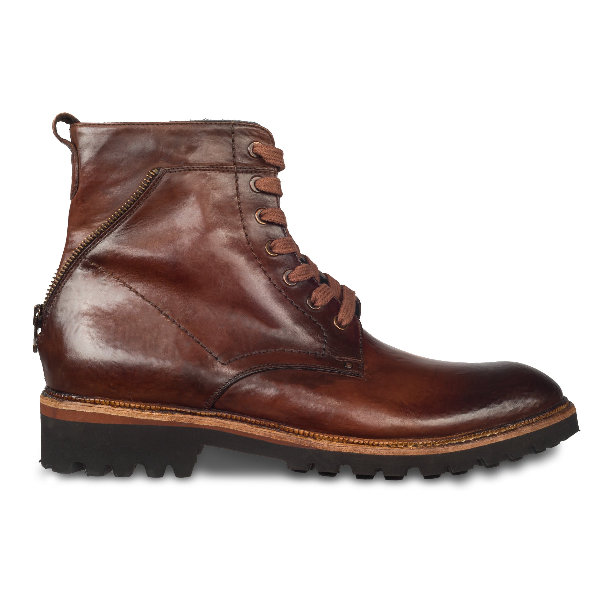 Lorenzi Herren Schnürstiefelette, Boots, in braun mit Zier-Reißverschluß an der Rückseite. Durchgenäht. Bei Sisento. Ansicht rechter Schuh Außenseite