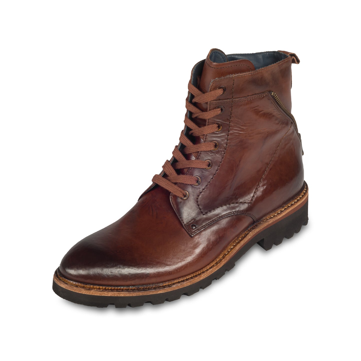 Lorenzi Herren Schnürstiefelette, Boots, in braun mit Zier-Reißverschluß an der Rückseite. Durchgenäht. Bei Sisento. Seitlich schräge Ansicht linker Schuh von vorne