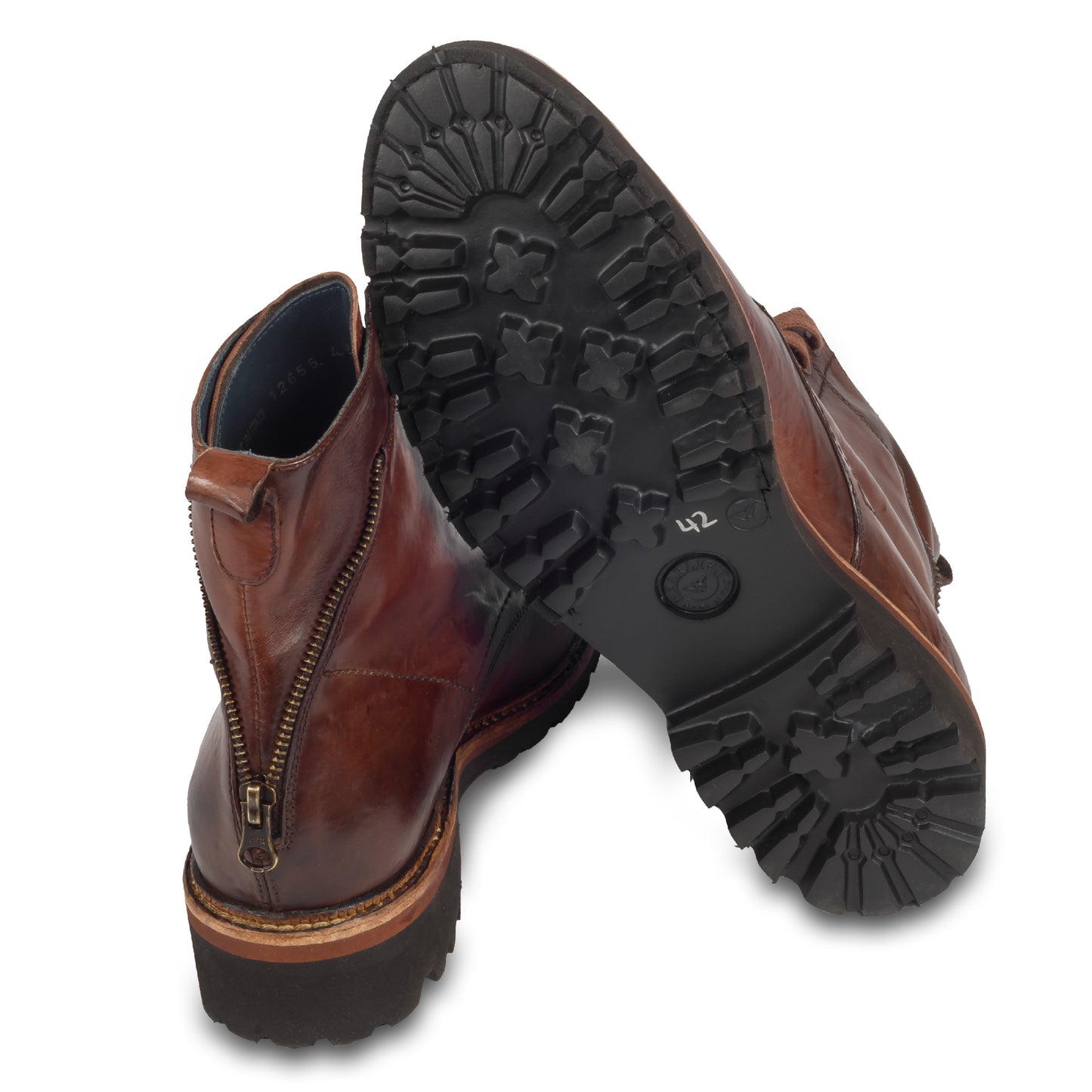 Lorenzi Herren Schnürstiefelette, Boots, in braun mit Zier-Reißverschluß an der Rückseite. Durchgenäht. Bei Sisento. Ansicht Sohle und Ferse