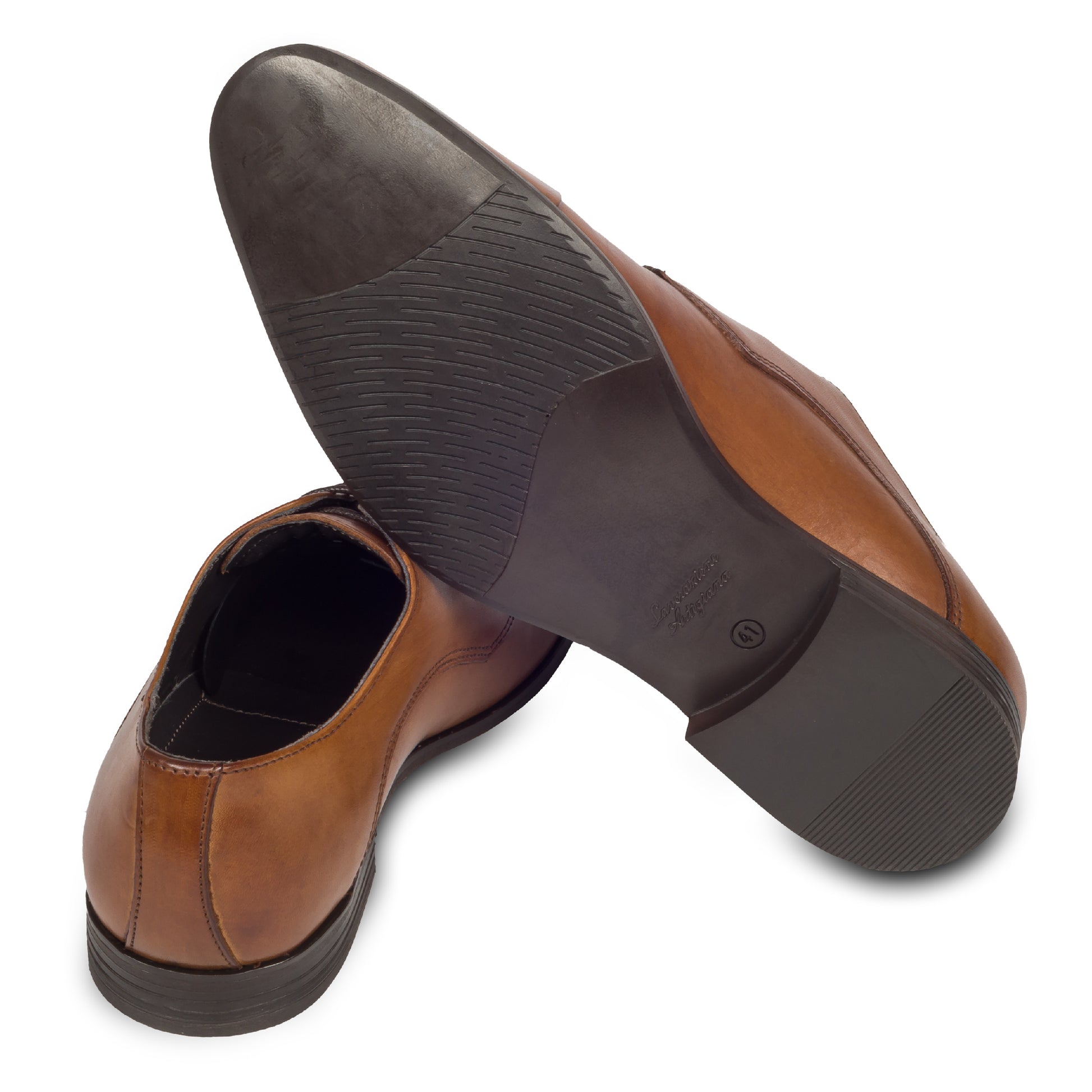 Nicola Benson Anzugschuh, Captoe Derby in cognac braun / mittelbraun. Ansicht Ferse und Sohle