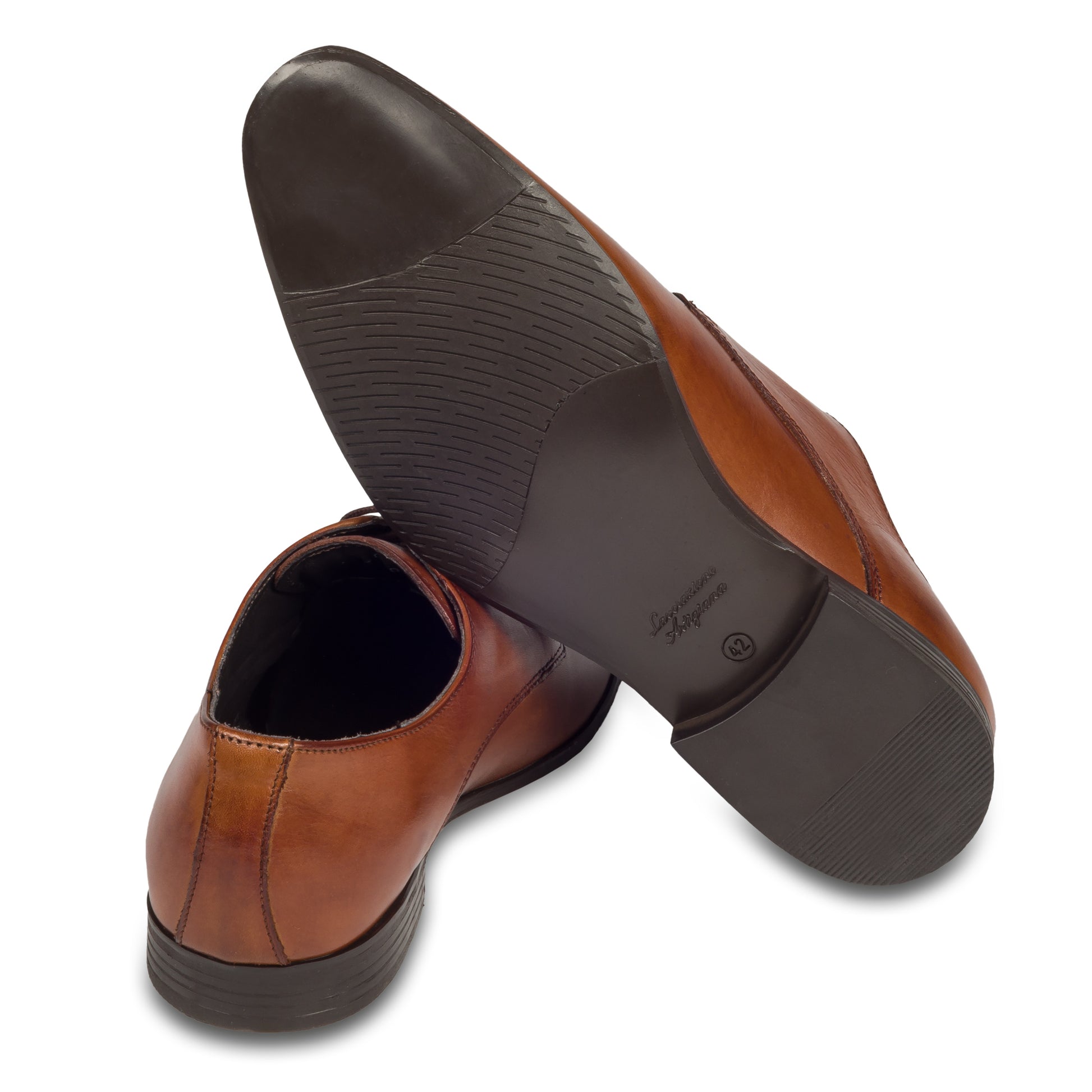 Nicola Benson | Leder Schnürer Plain Derby, rot-braun. Ansicht Ferse und Sohle