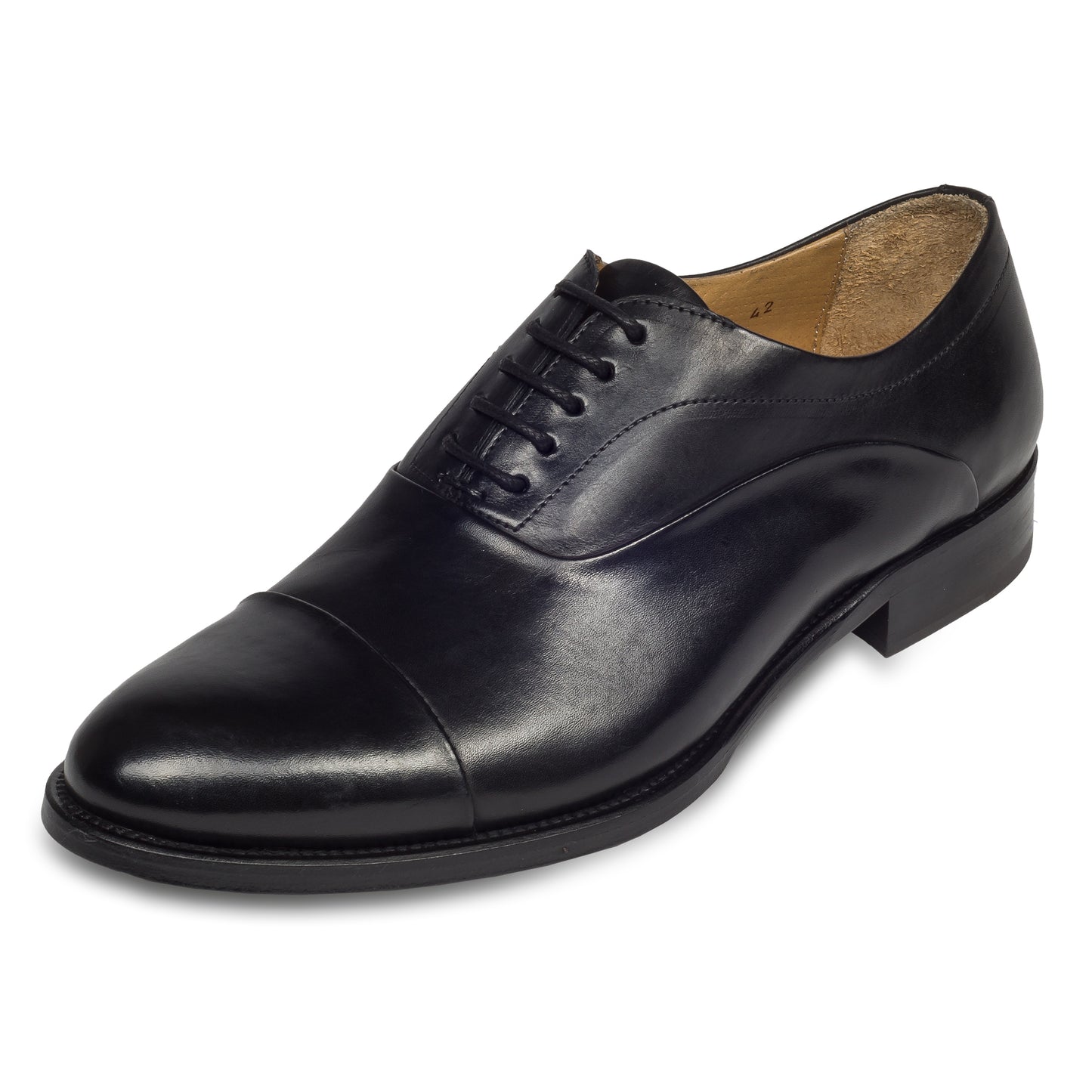BRECOS Anzugschuhe Herren, Oxford Captoe Schnürer schwarz - Kalbsleder, durchgenäht. Made in Italy. Schräge Ansicht linker Schuh.