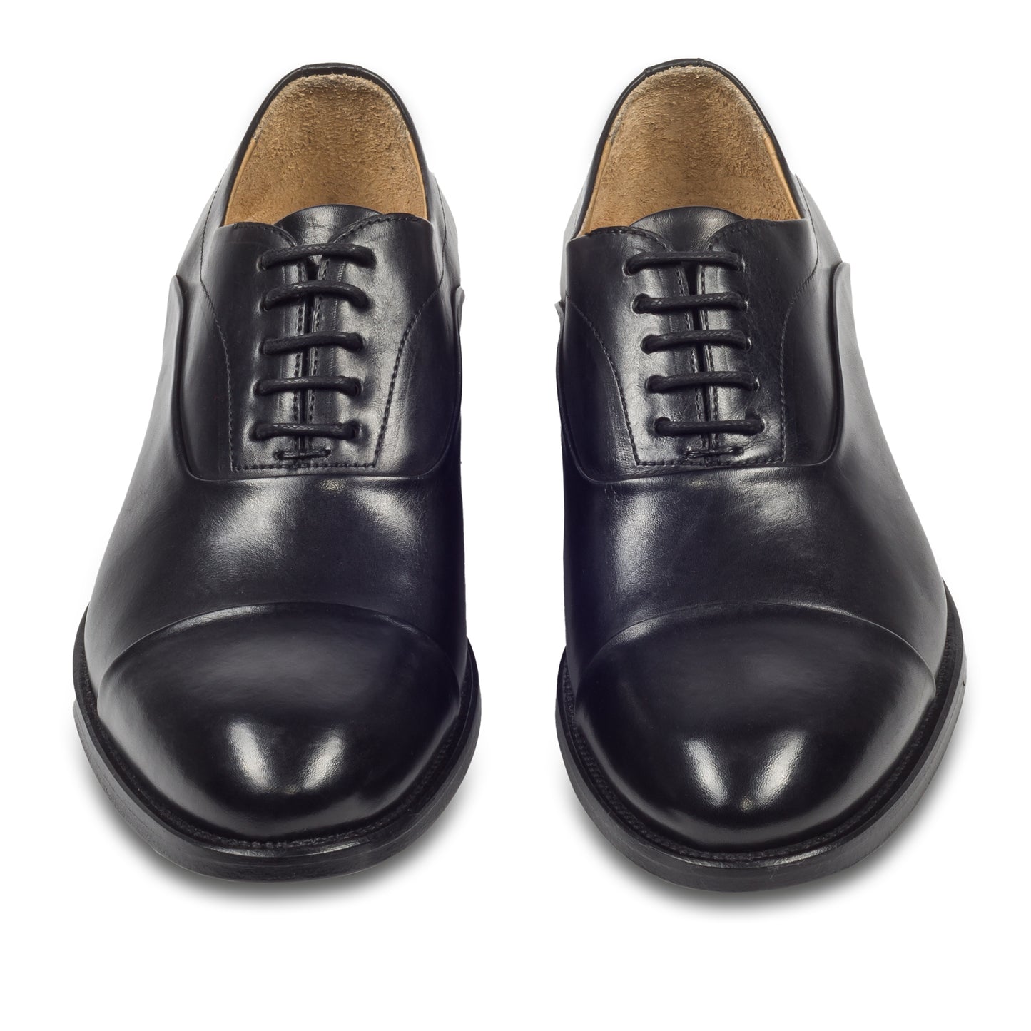 BRECOS Anzugschuhe Herren, Oxford Captoe Schnürer schwarz - Kalbsleder, durchgenäht. Made in Italy. Paarweise Ansicht von vorne.