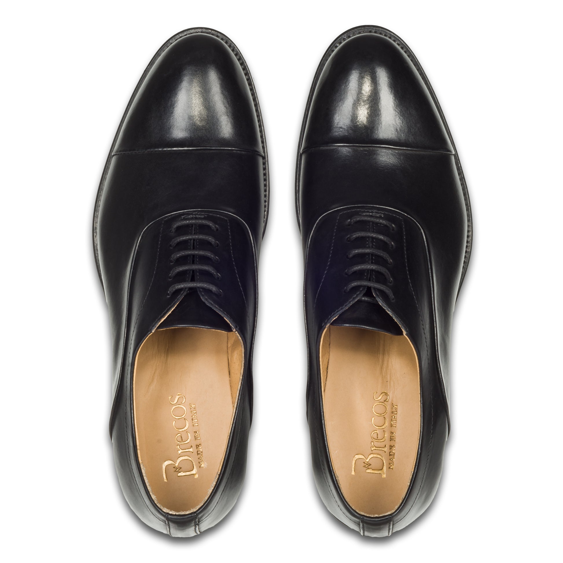 BRECOS Anzugschuhe Herren, Oxford Captoe Schnürer schwarz - Kalbsleder, durchgenäht. Made in Italy. Paarweise Draufsicht von oben.