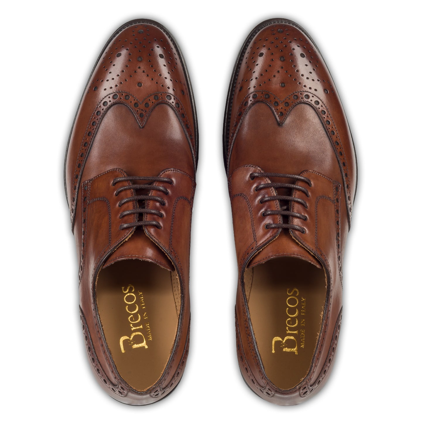 BRECOS Anzugschuhe | Full-Brogue Derby im Budapester-Stil braun, Durchgenäht. Ansicht aus angezogener Perspektive von oben. Bei Sisento.