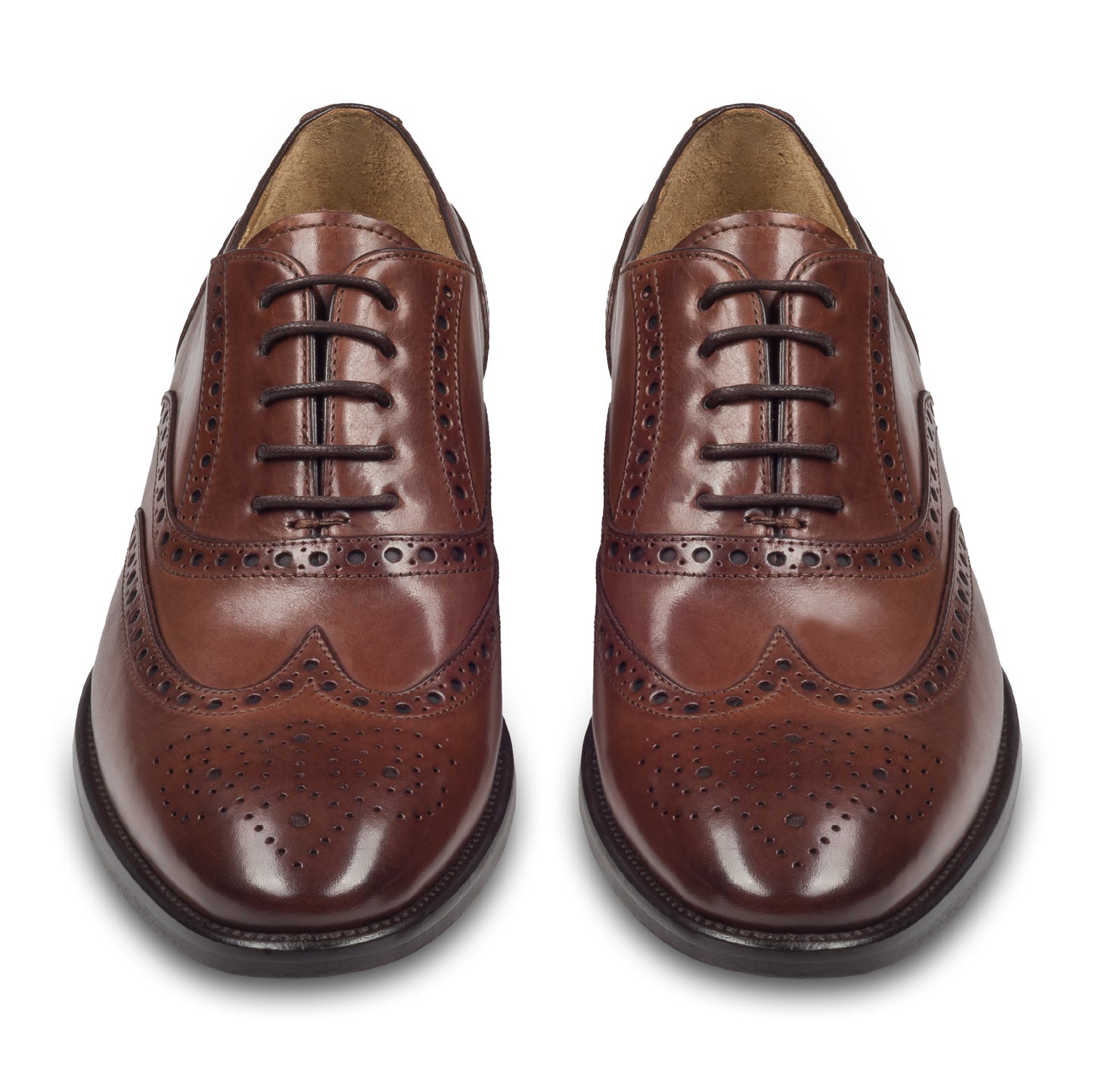 BRECOS Anzugschuhe, Brogue Oxford im Budapester-Stil in mittelbraun, Durchgenäht. Paarweise Ansicht von vorne. Bei Sisento.