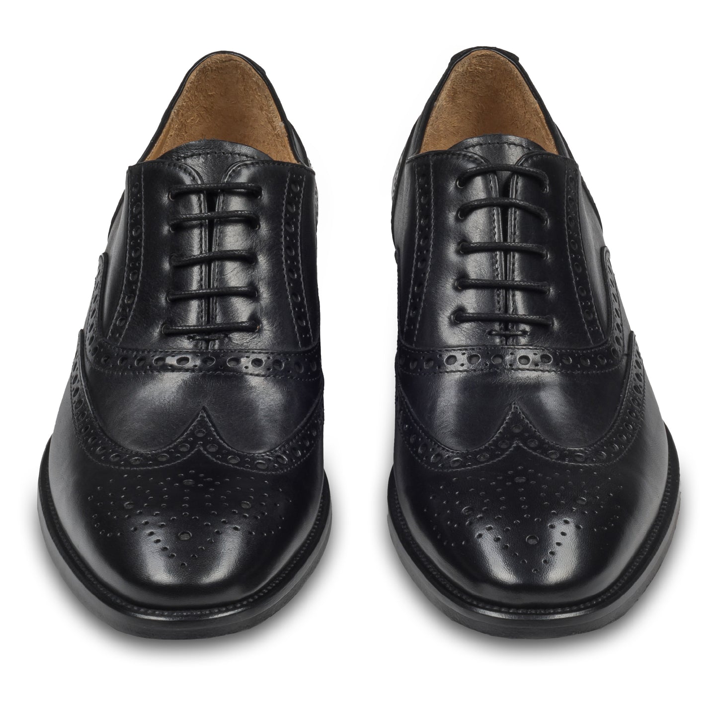 BRECOS Anzugschuhe, Brogue Oxford im Budapester-Stil in schwarz, Durchgenäht. Paarweise Ansicht von vorne. Bei Sisento.