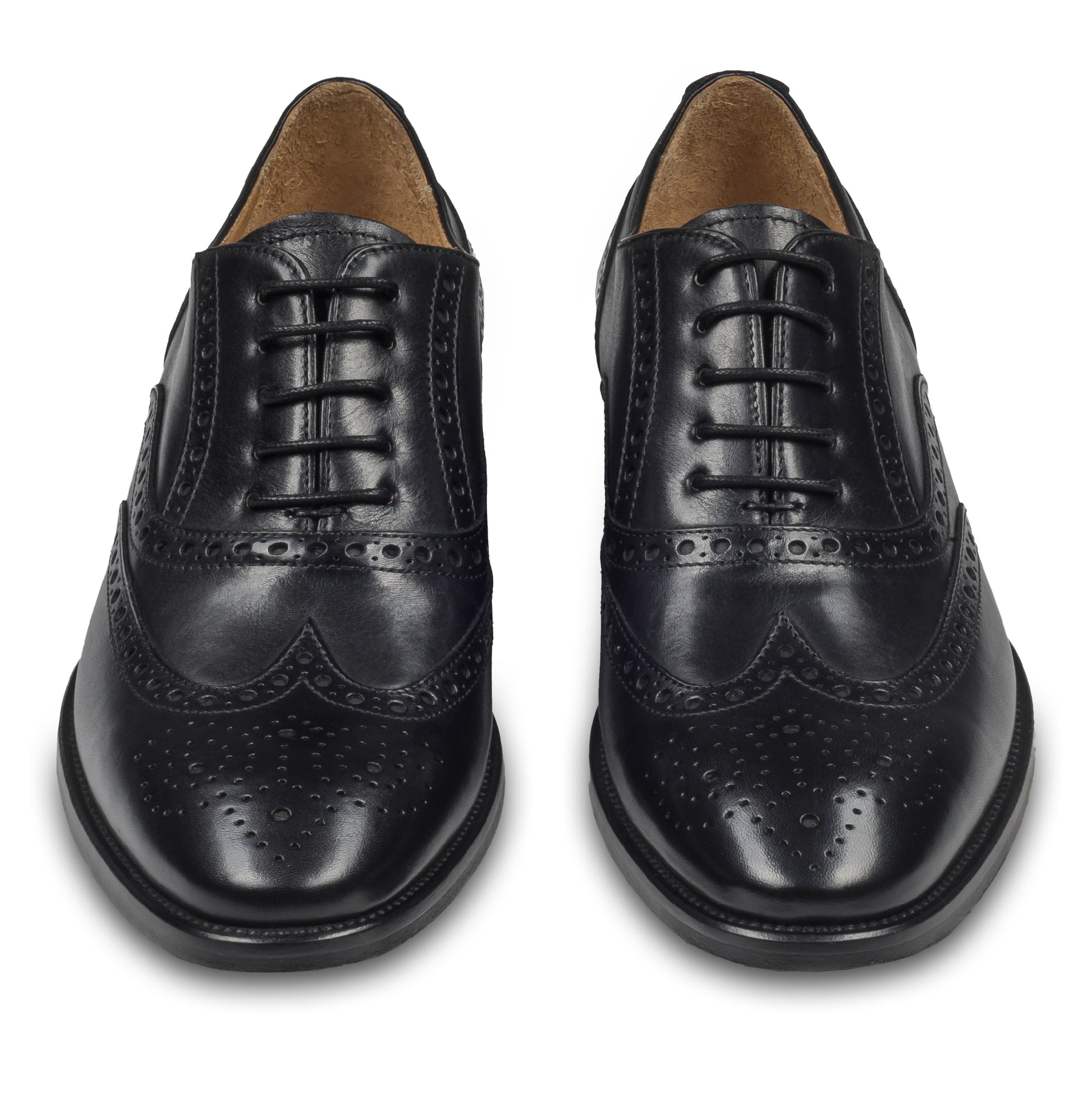BRECOS Anzugschuhe, Brogue Oxford im Budapester-Stil in schwarz, Durchgenäht. Paarweise Ansicht von vorne. Bei Sisento.