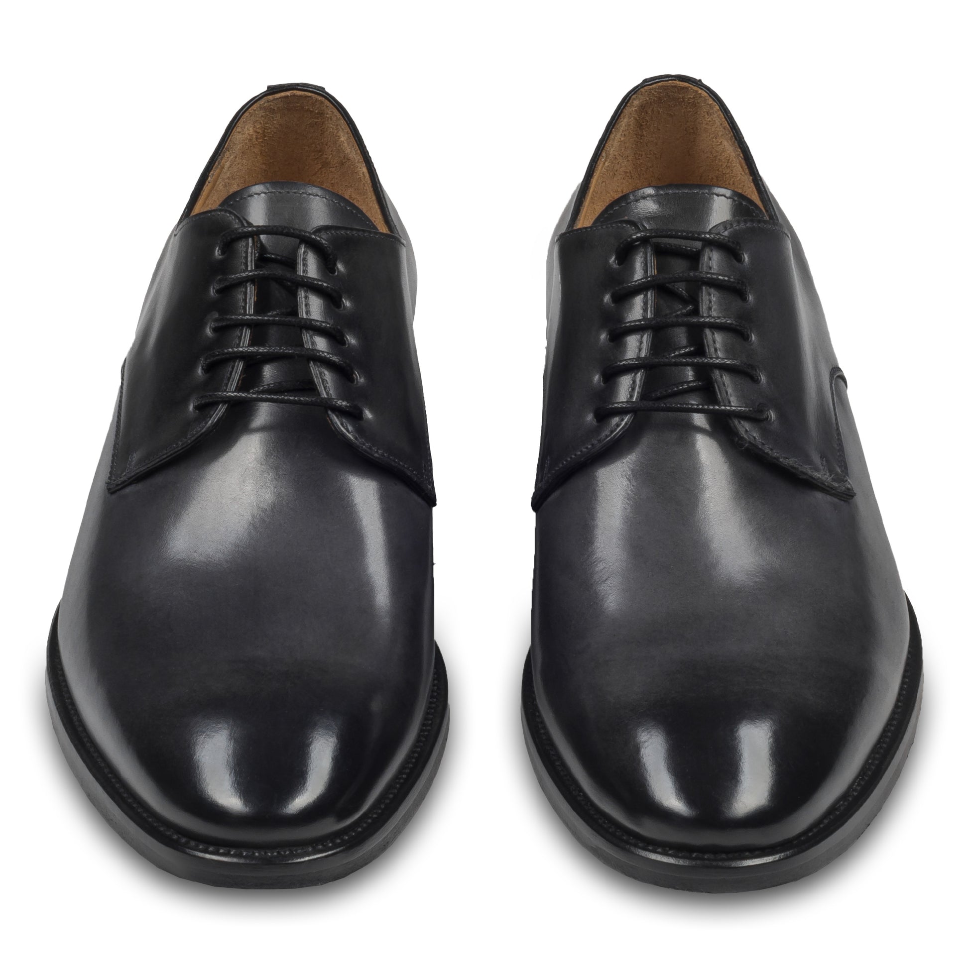 BRECOS – Italienische Herren Anzugschuhe, Plain Derby Schnürer in dunkel grau. Handgefertigt und durchgenäht. Paarweise Ansicht von vorne.