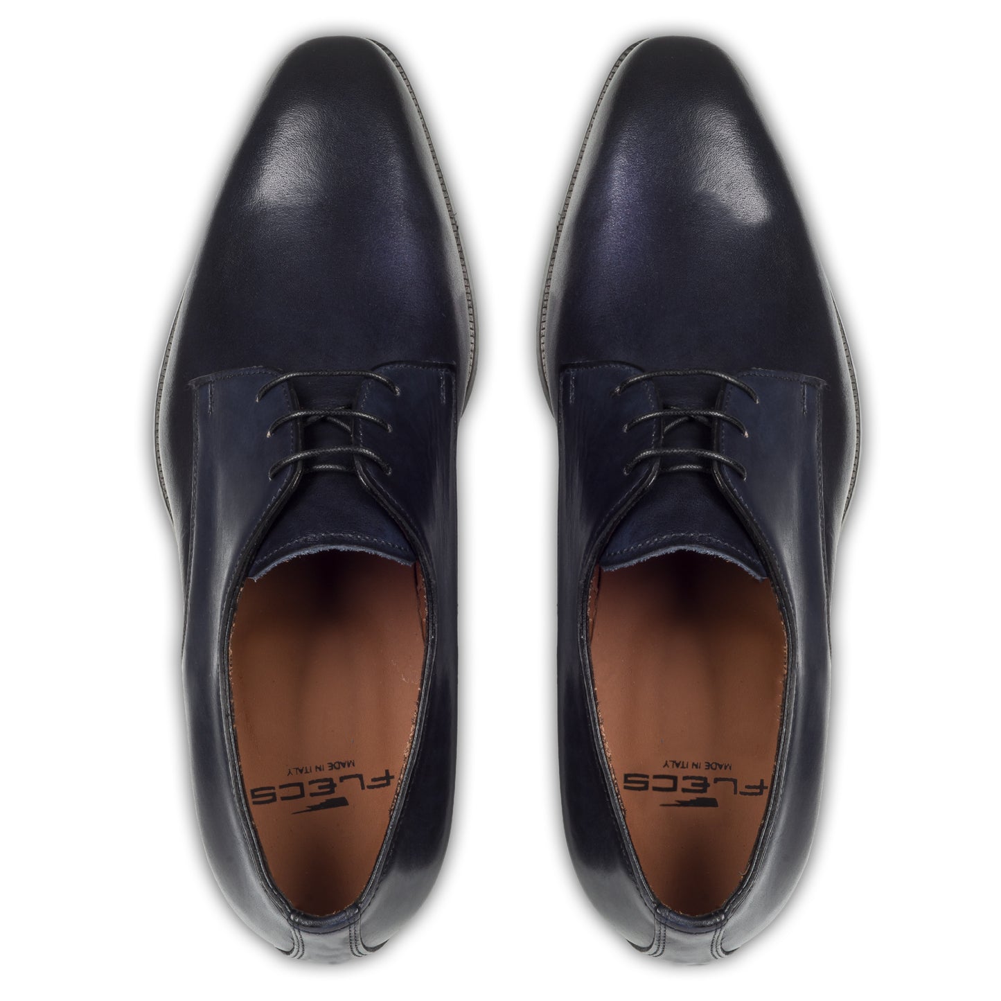 Anzugschuhe von Flecs, Plain Derby Schnürer in dunkelblau, durchgenäht. Paarweise eigene Draufsicht aus angezogener Perspektive. Bei Sisento.