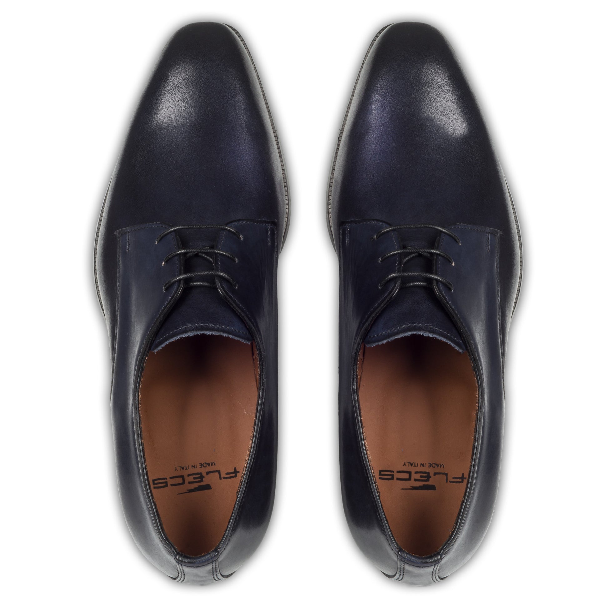 Anzugschuhe von Flecs, Plain Derby Schnürer in dunkelblau, durchgenäht. Paarweise eigene Draufsicht aus angezogener Perspektive. Bei Sisento.