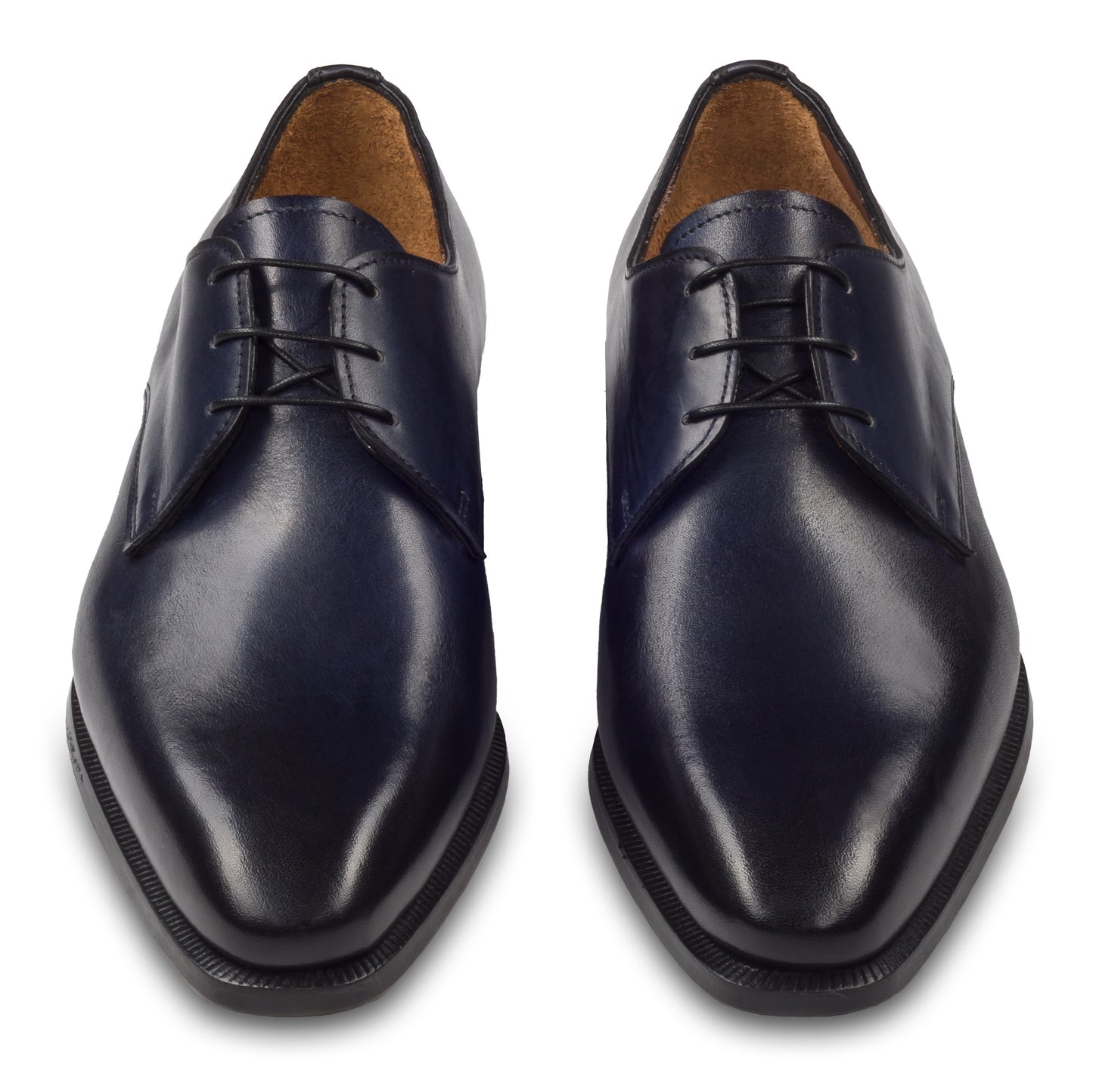 Anzugschuhe von Flecs, Plain Derby Schnürer in dunkelblau, durchgenäht. Paarweise Ansicht von vorne. Bei Sisento.