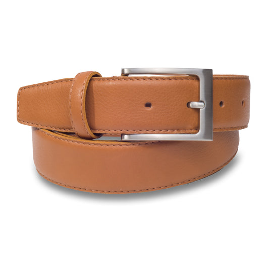 Herren Anzuggürtel aus Leder in cognac braun 3,5 cm breit. Mattiert silberne Dornschließe.
