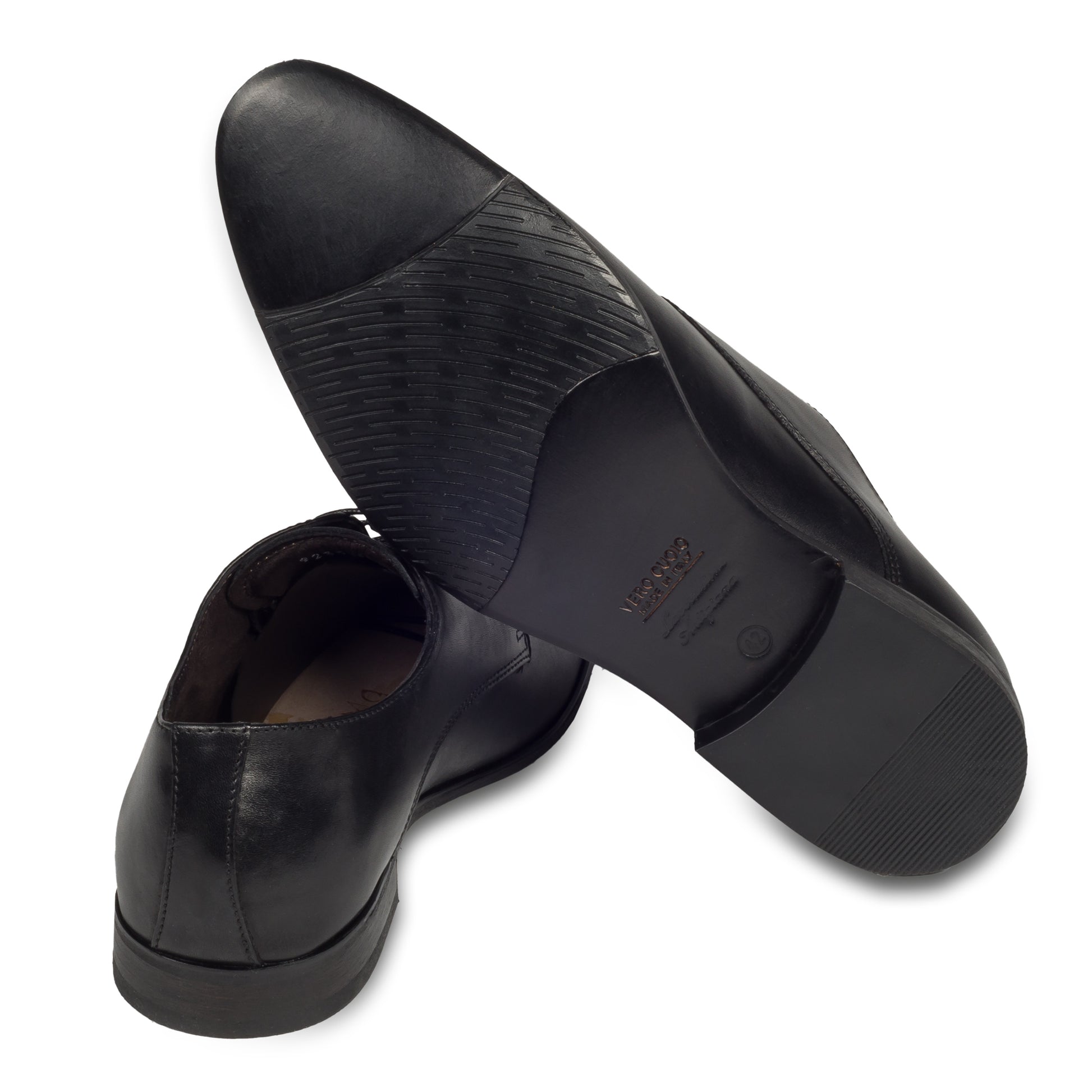 Nicola Benson Anzugschuhe Herren, Plain Derby Schnürer schwarz - Kalbsleder, handgefertigt. Made in Italy. Ansicht der Ferse und Sohlenunterseite.