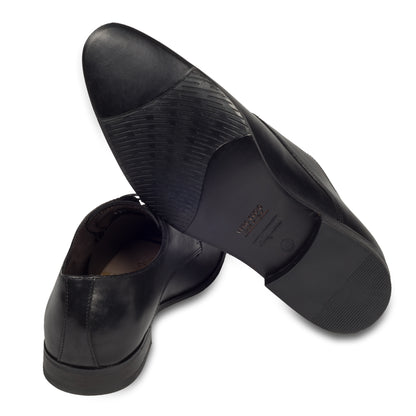 Nicola Benson Anzugschuhe Herren, Plain Derby Schnürer schwarz - Kalbsleder, handgefertigt. Made in Italy. Ansicht der Ferse und Sohlenunterseite.