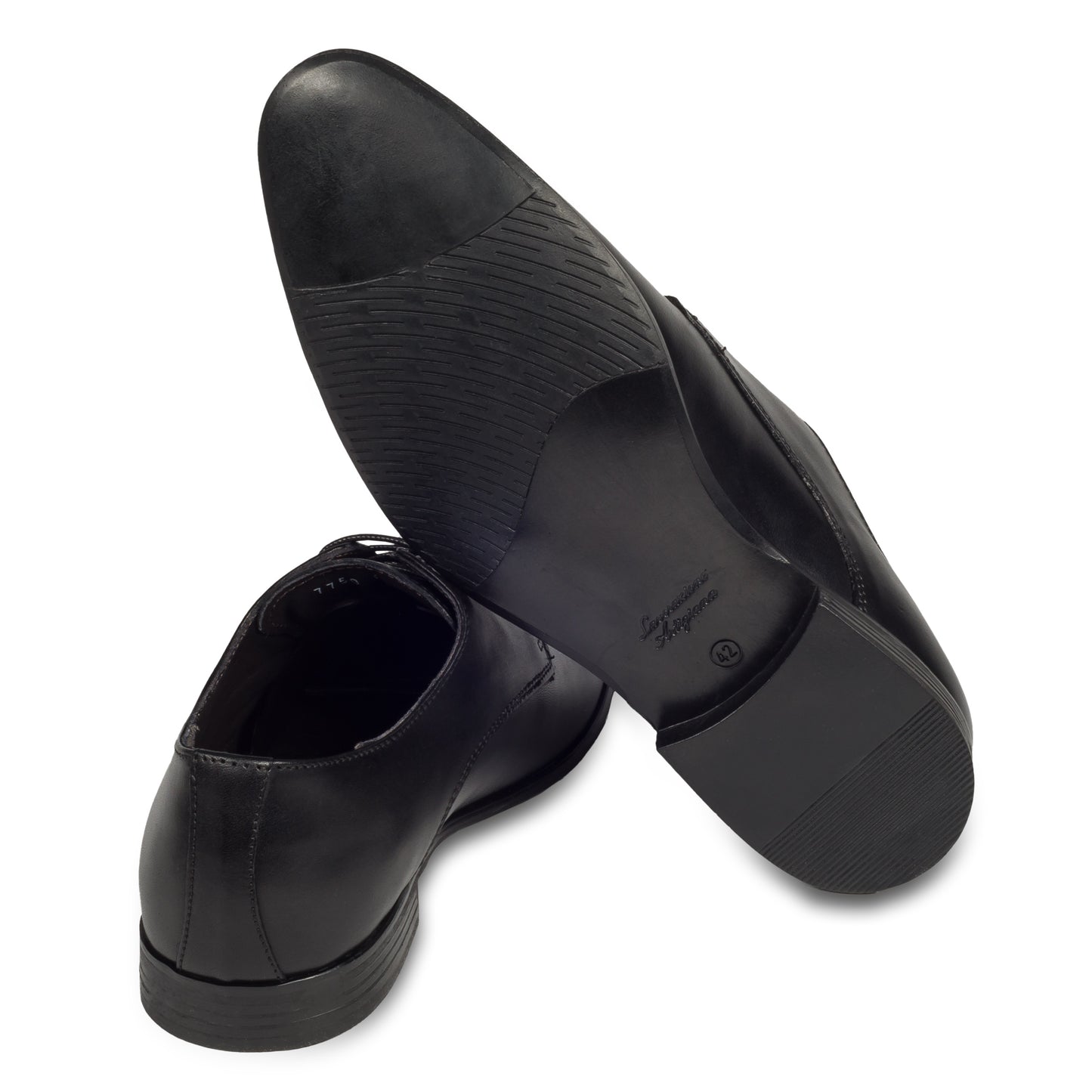 Nicola Benson Anzugschuhe Herren, Plain Derby Schnürer schwarz - Kalbsleder, handgefertigt. Made in Italy. Ansicht der Ferse und Sohlenunterseite.